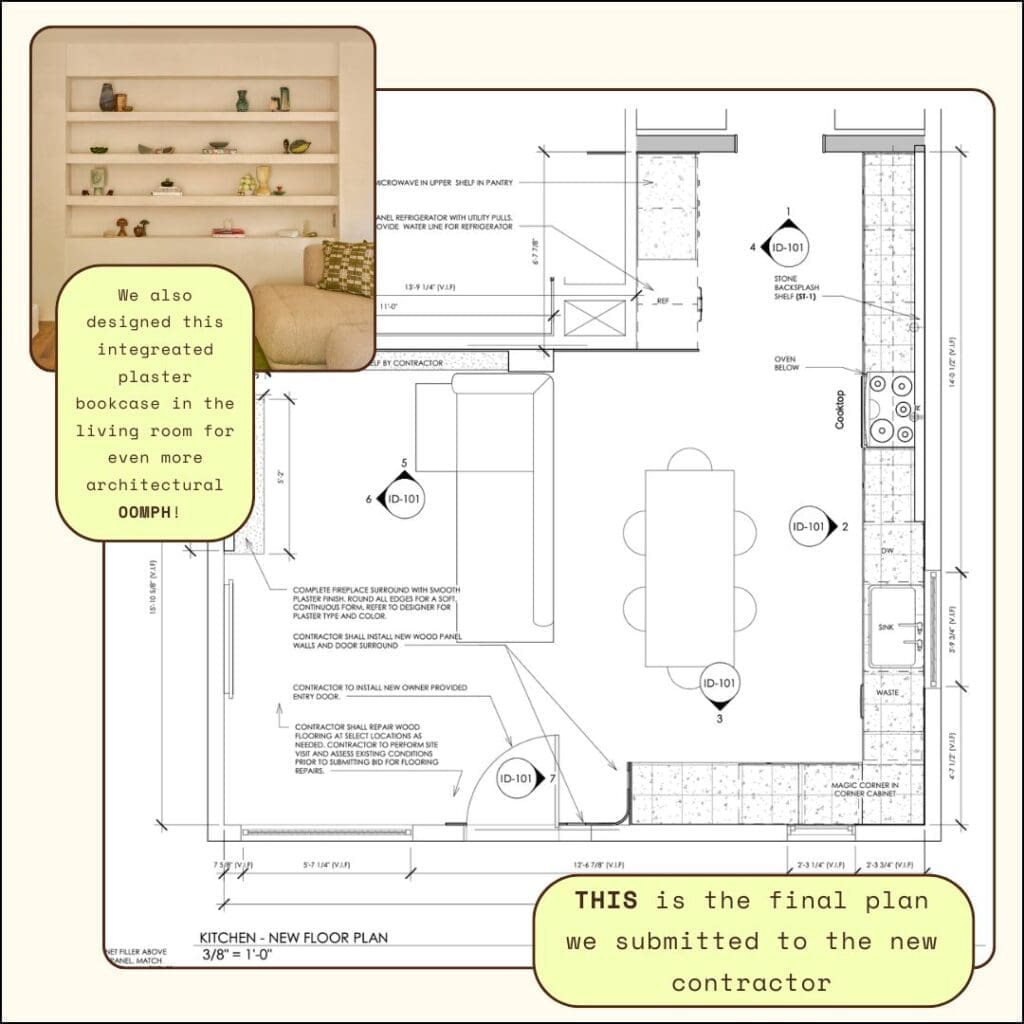 Final kitchen floor plan construction documents submitted to contractor for Brunswick bungalow renovation in Atwater Village by The Warren, with integrated plaster bookcase detail.