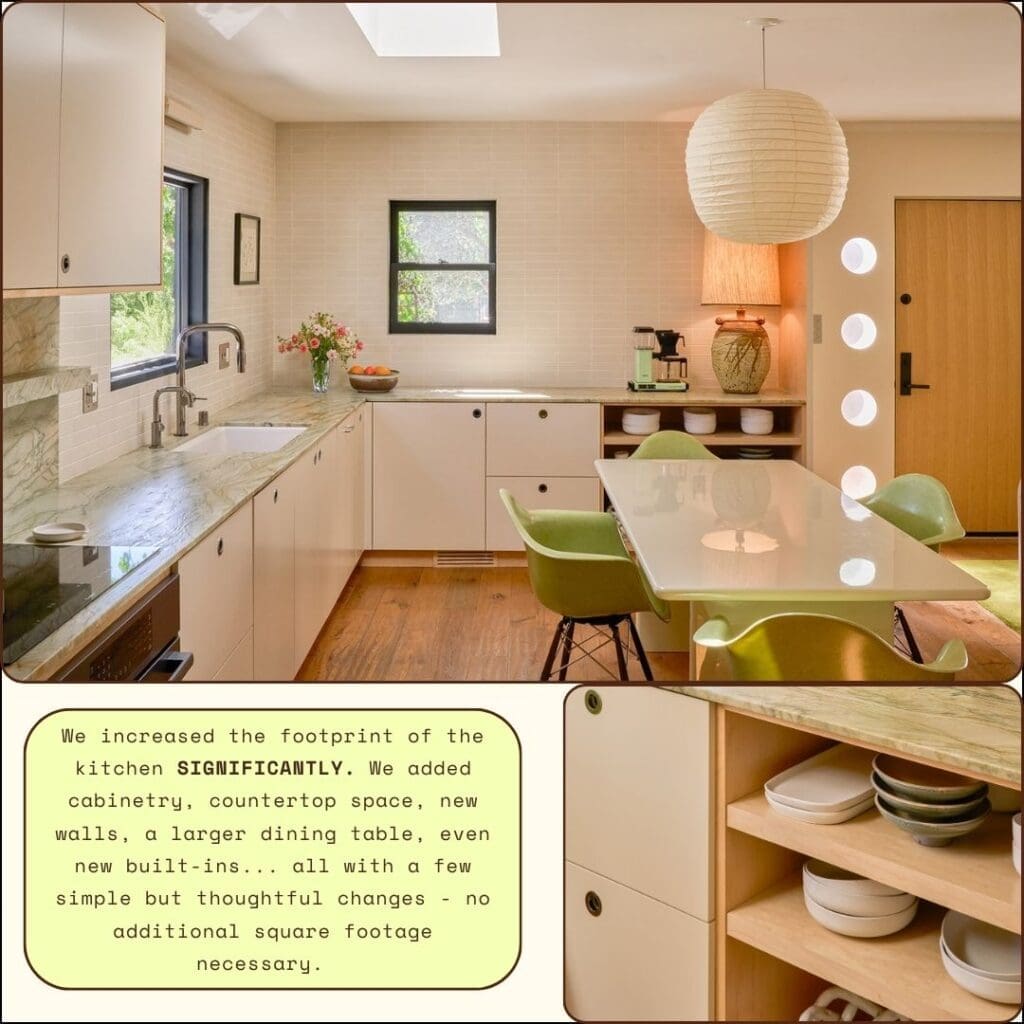 Finished mid-century modern kitchen in Brunswick Atwater Village bungalow showing significantly expanded footprint with green quartzite countertop and Eames chairs by The Warren