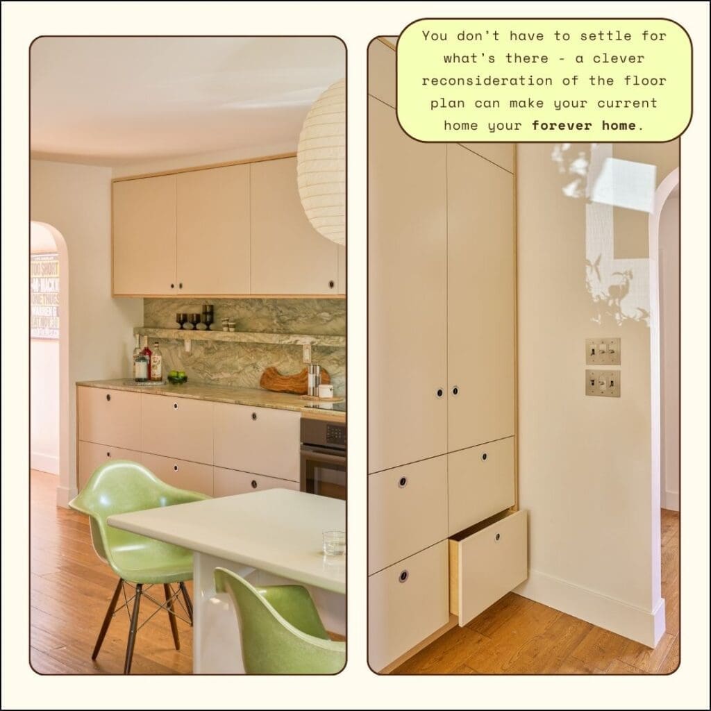 Mid-century modern kitchen cabinetry detail in Brunswick Atwater Village showing maple plywood built-ins and floor plan redesign result by The Warren