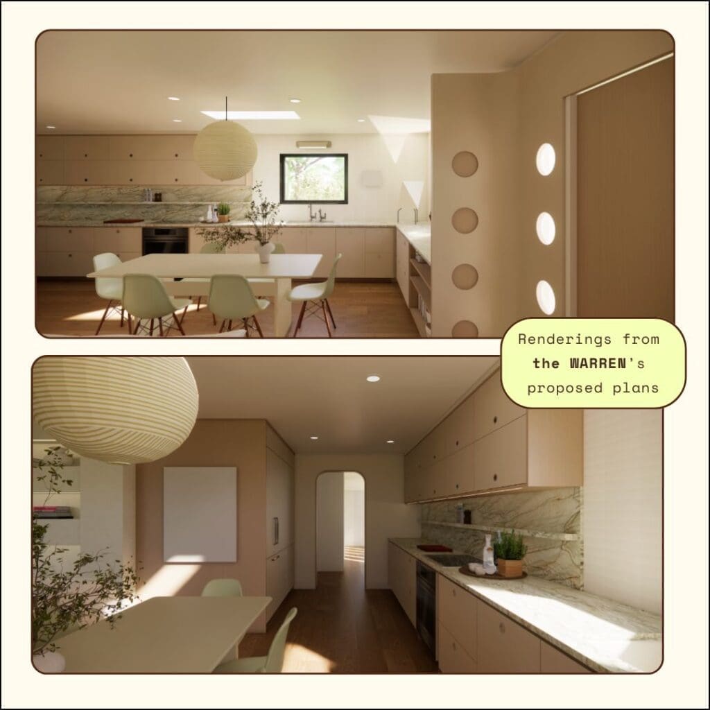 The Warren's proposed kitchen renderings for Brunswick showing open plan layout with porthole entry partition and Eames dining table in Atwater Village.
