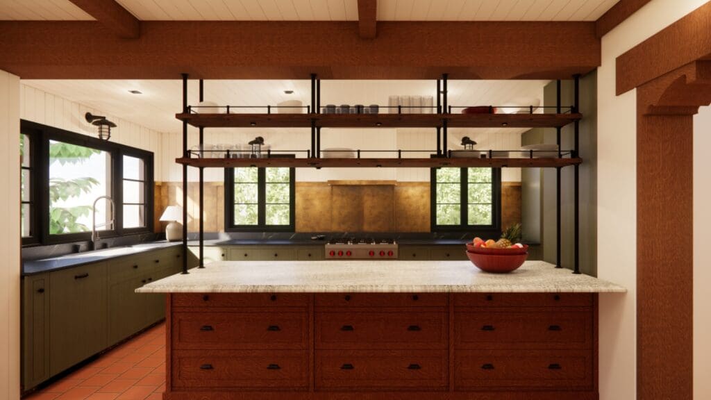 Spanish Revival galley kitchen with olive cabinetry, a wood island and blackened steel shelving in a 1926 Mid City bungalow, design rendering by The Warren.