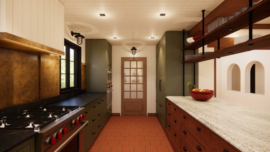 Terracotta tile floor and burnished metal backsplash beside a black range in a Mid City Spanish style kitchen, design rendering by The Warren.