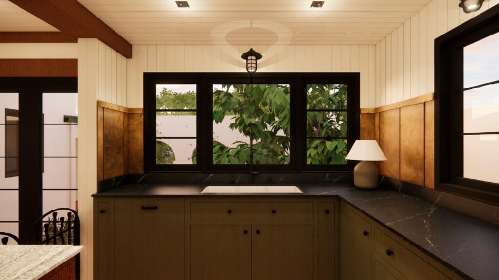 Black steel windows above dark stone counters and olive cabinetry in a 1926 Mid City Spanish Revival kitchen, design rendering by The Warren.