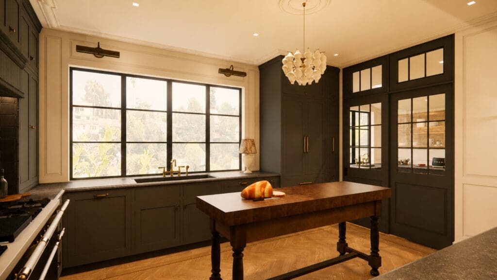 Butcher block table with turned legs beneath a steel window and brass faucet in a Los Feliz Spanish style kitchen, design rendering by The Warren.
