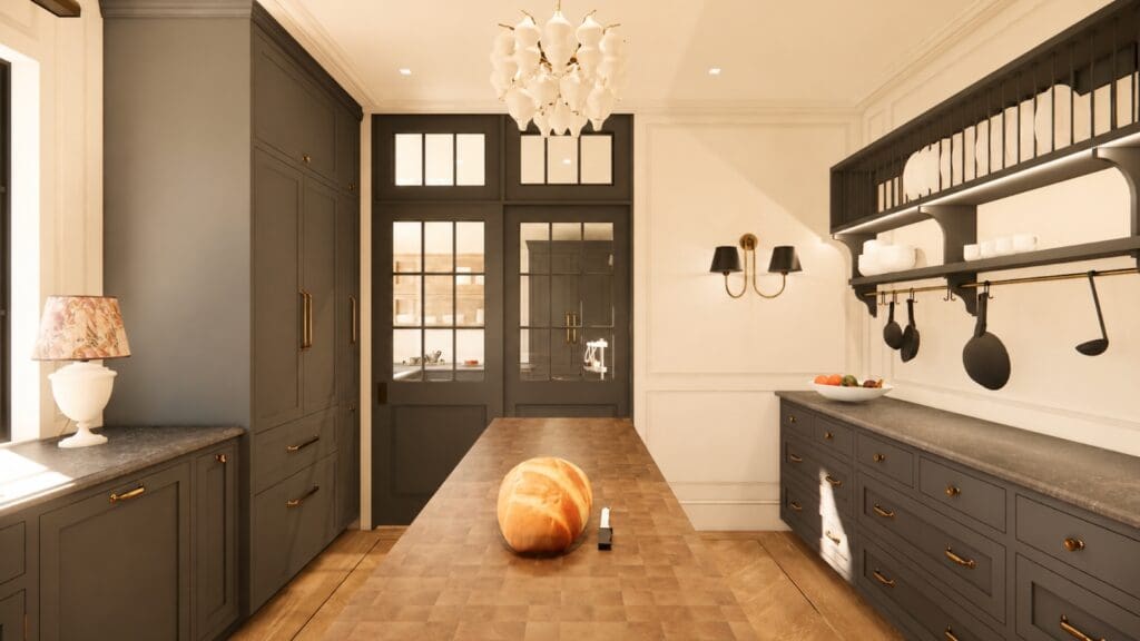 Glazed transom doors, plate rack and a petal chandelier in a moody Los Feliz Spanish Revival kitchen, design rendering by The Warren.