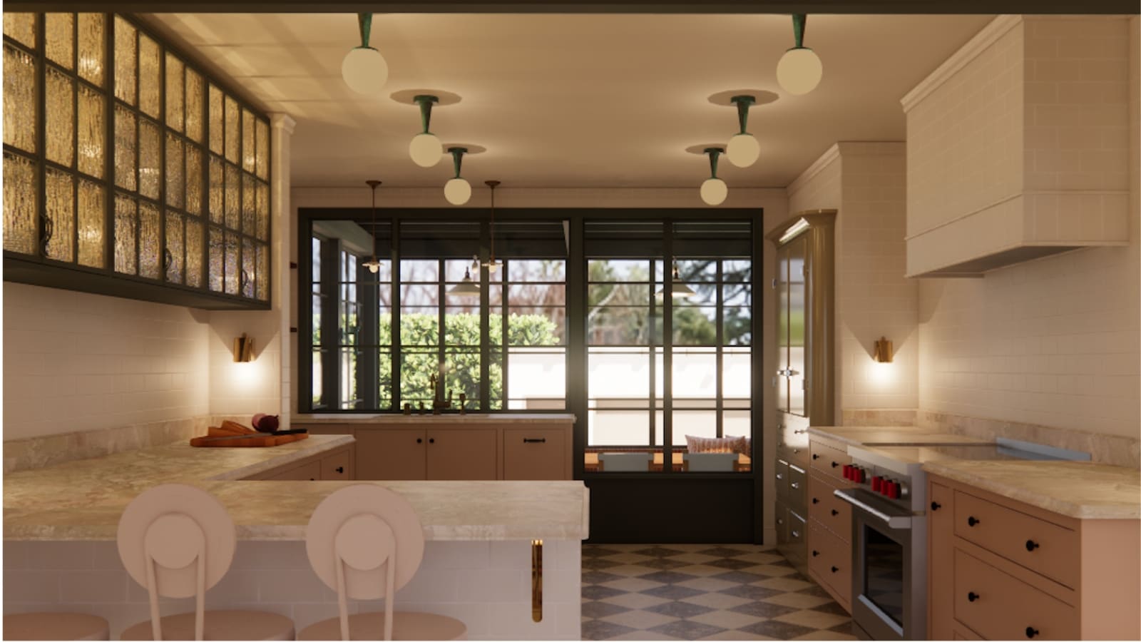 Spanish style kitchen with checkerboard floor, blush cabinetry and amber glass transoms in a 1930 Glendale historic home, design rendering by The Warren.