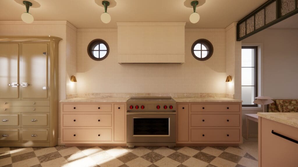 Plaster hood flanked by round porthole windows above blush cabinetry in a Glendale Spanish Revival kitchen, design rendering by The Warren.