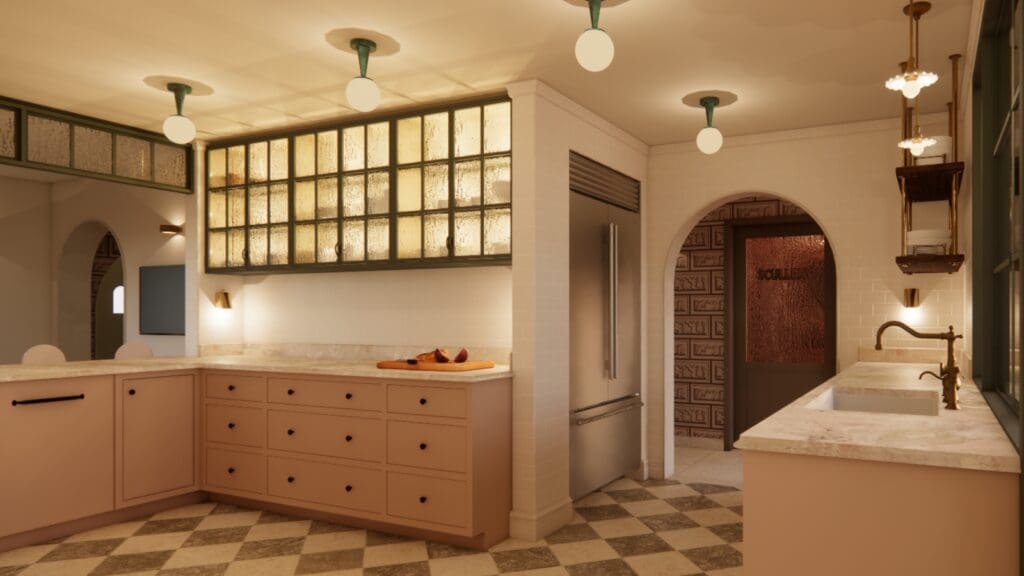 Amber glass upper cabinets and an arched scullery doorway in a 1930 Glendale Spanish style kitchen, design rendering by The Warren.